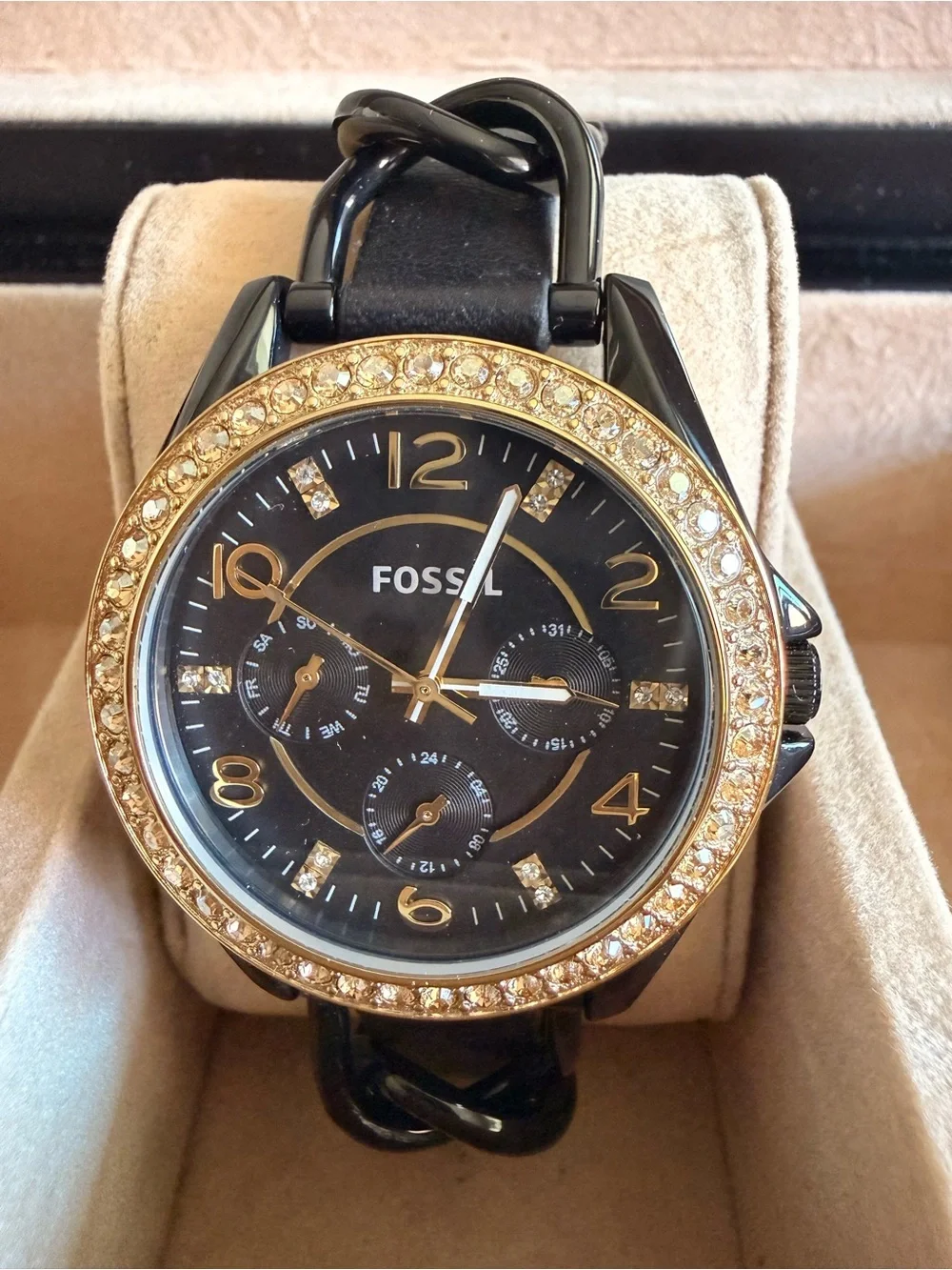 Fossil Women's Black and Gold Crystal-Accent Watch